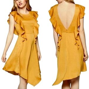 BCBGeneration Sleeveless Satin Ruffle Asymmetrical Backless Dress Gold